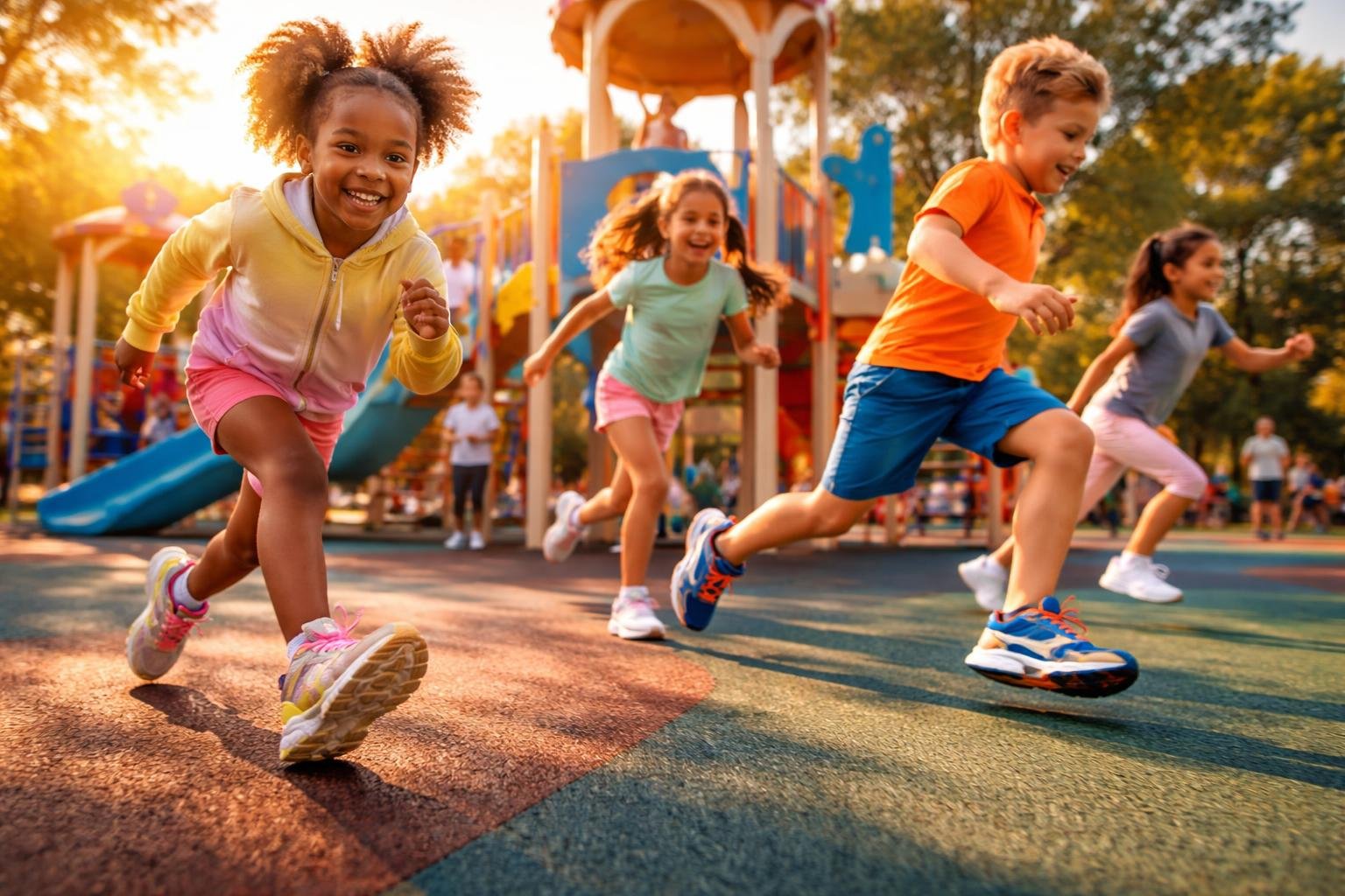 Vidám gyerekek futkároznak játszótéren Skechers cipőben, színpompás dizájnnal és kényelmes lépéseikkel.