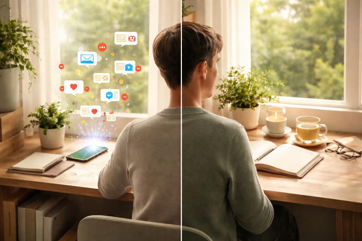 Ember a telefon előtt ülve törekszik a tudatos digitális életre.